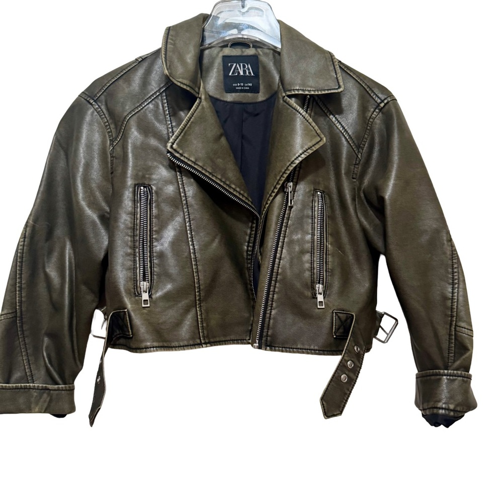 ZARA Kids Faux Leather Moto Jacket Olive Green Biker Style Youth Size 9-10 Years